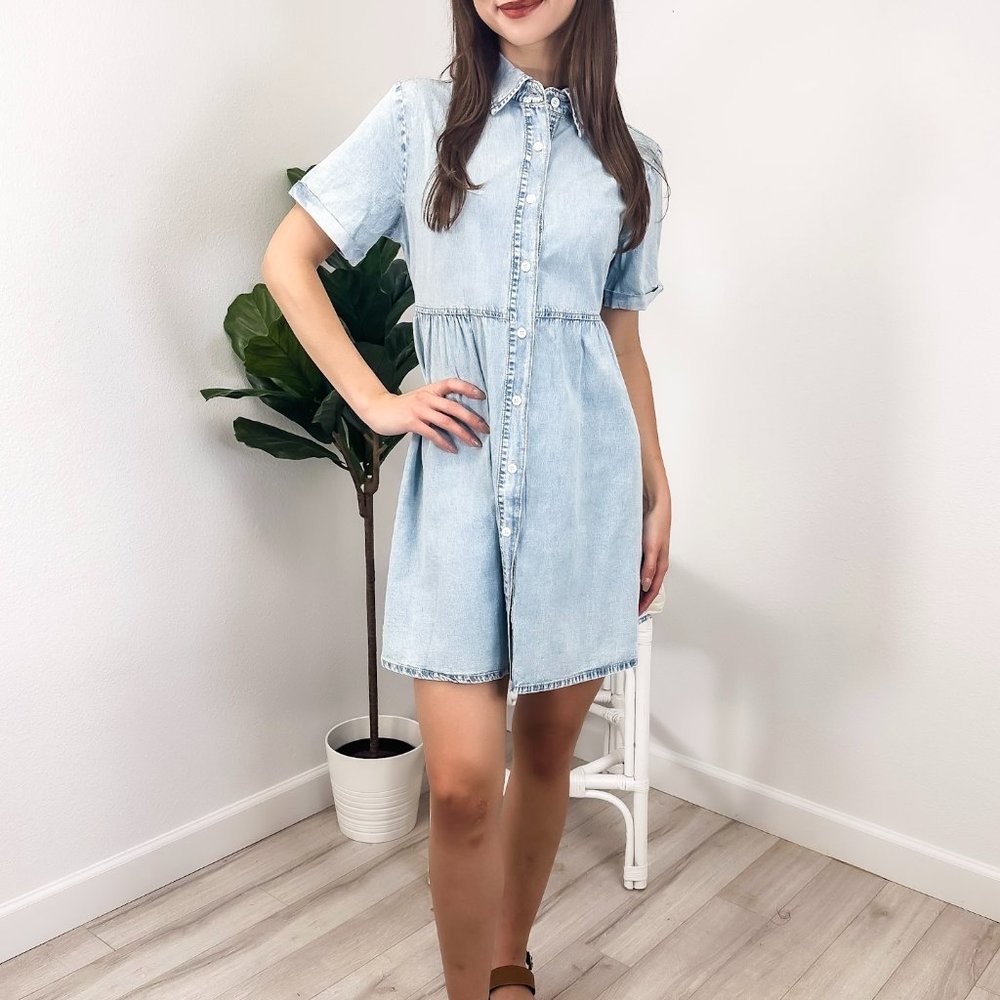 Women's Casual Short Sleeve High Waist Button Down Tiered Denim Shirt Dress
